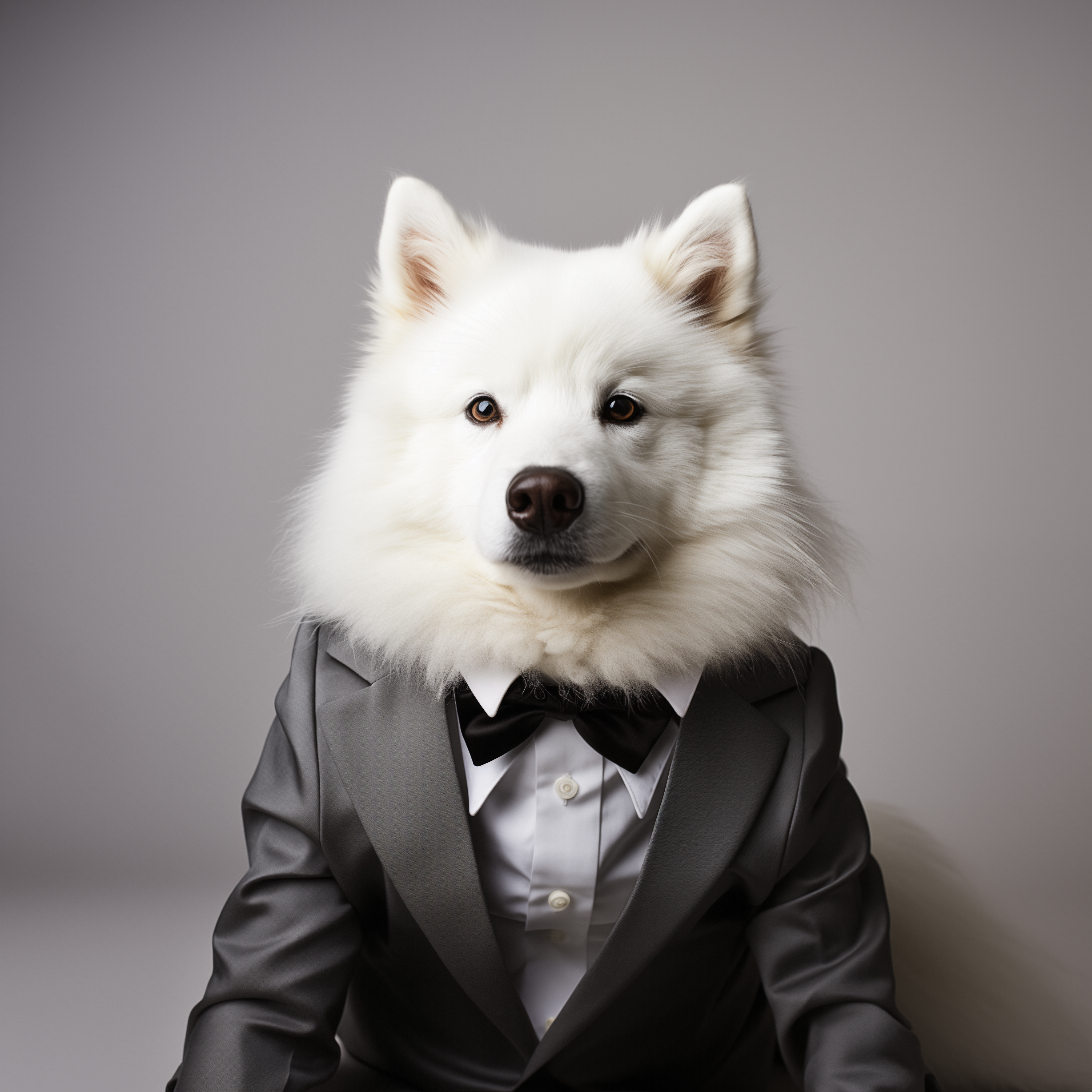 A samoyed in a tailored tuxedo — composed, well-dressed, slightly absurd.